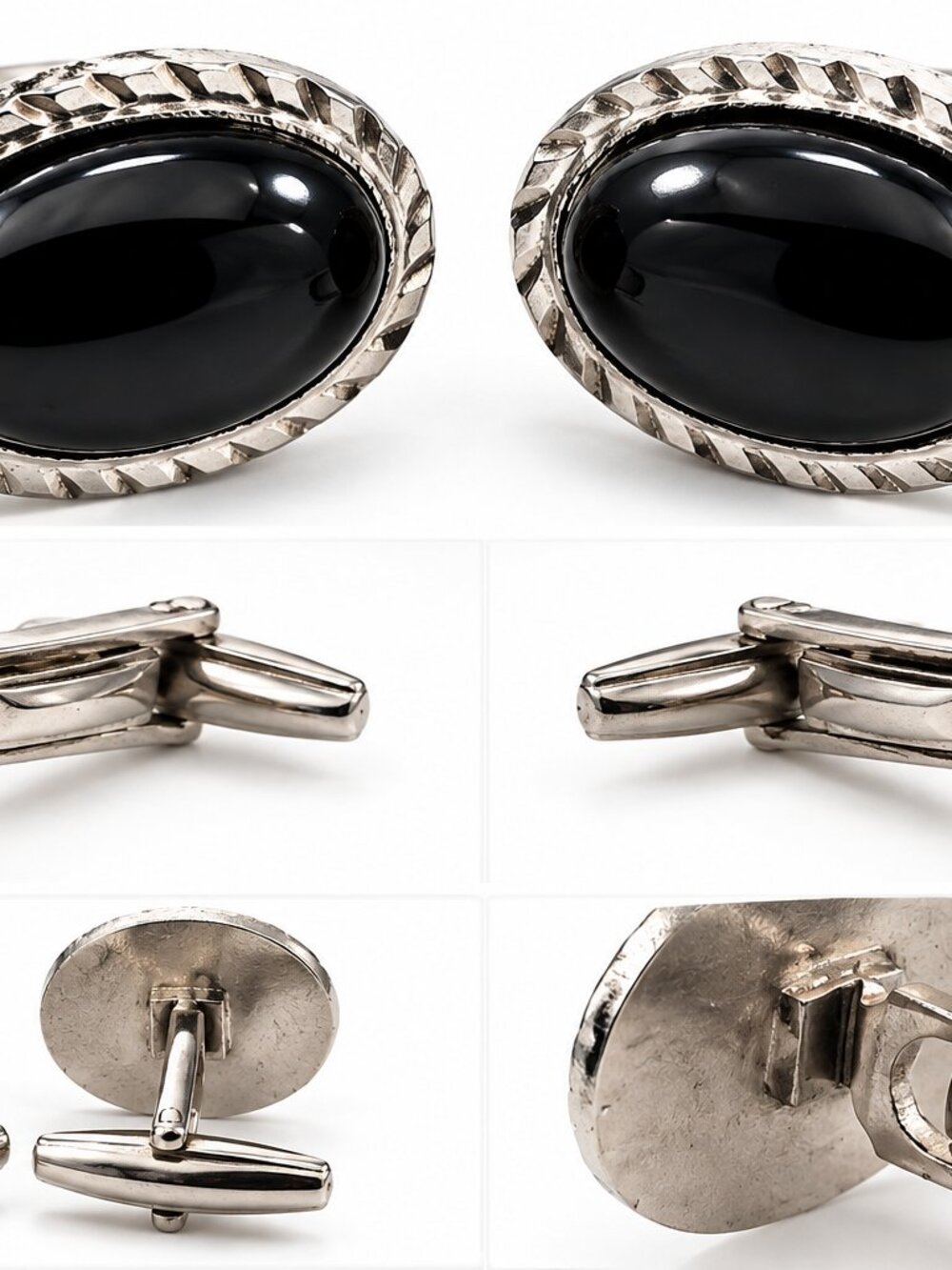 Vintage Mid-Century Black Cabochon Cufflinks – Silver Tone Textured Bezel – Clas